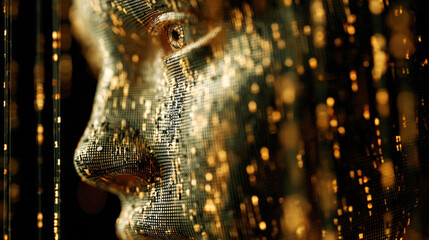 Futuristic digital human face profile created with golden glowing mesh particles and binary data streams, representing artificial intelligence, machine learning, and advanced cybernetic technology