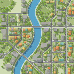 Fototapeta premium Aerial View of a Modern City Map with River and Buildings.