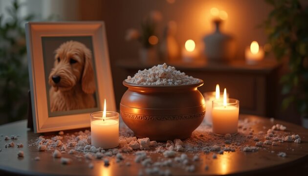 Pet ashes in urn with candles and photo frame. Memorial tribute table setting for animal remembrance. Cozy home decor for pet loss and grief.