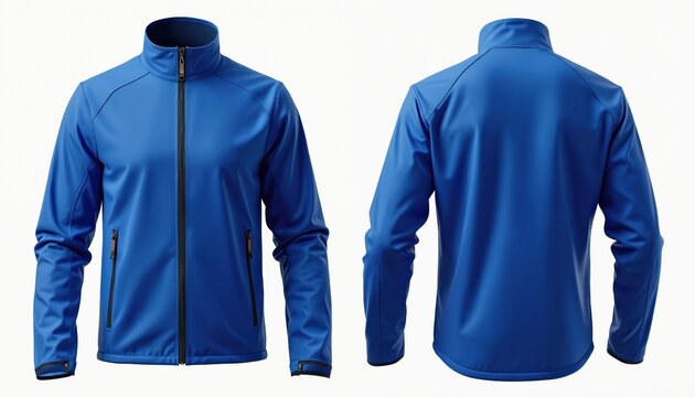 Blank royal blue softshell jacket mockup front and back view. Isolated on white background, ideal for design mockups. Apparel and outerwear for branding.