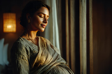 Pregnant Indian woman doing meditation or breathing exercises for healthy pregnancy.
