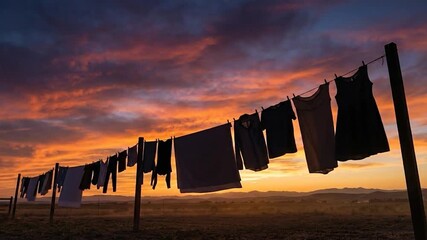 Laundry drying on a clothesline at sunset with vibrant sky.
