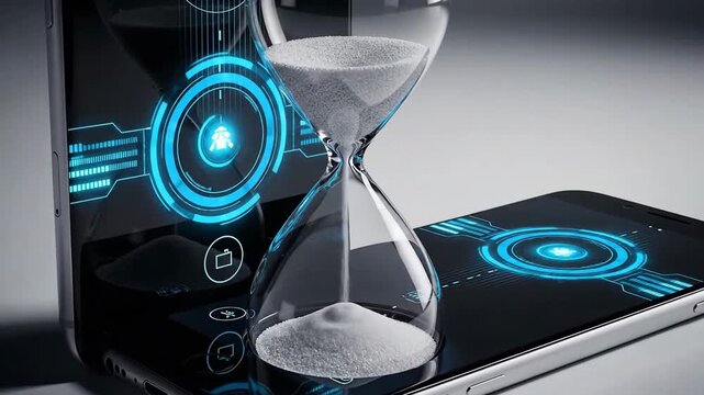 Hourglass with digital interface on a smartphone, symbolizing time management.
