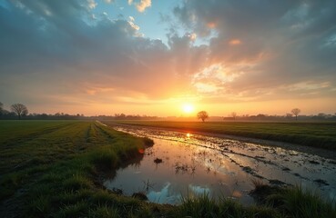 Golden sunset illuminates wet plowed field with water puddles reflecting sky. Green grass borders muddy track leading to distant tree line. Spring evening light creates peaceful rural panorama.