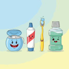 Happy Oral Hygiene Products Cartoon Characters.