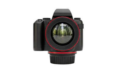 Black DSLR camera with a forest reflection in the lens