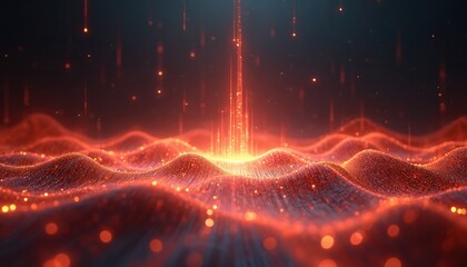 Digital data streams form glowing abstract waves. Futuristic energy pulses ascend from a central bright core. Networks connect creating a vibrant tech background.