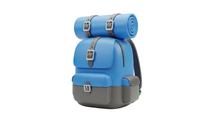 Blue and grey camping backpack with rolled sleeping mat
