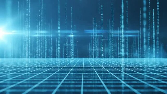 Abstract cyberspace background with falling binary code and grid floor, representing digital technology.