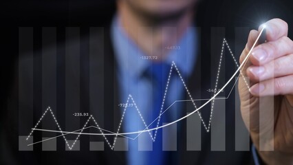Person presenting financial graphs on virtual board with business analytics concept