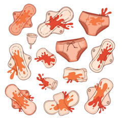 Illustration of various feminine hygiene products stained with menstrual blood.
