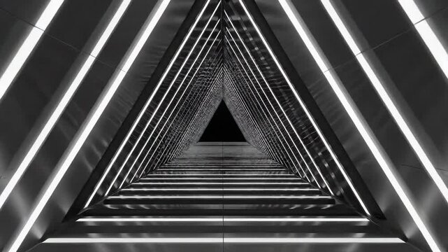 Abstract triangle tunnel with bright, white lights creating a futuristic and geometric perspective.