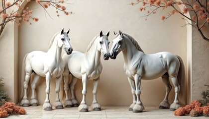 Three white horses stand together indoors. One horse nuzzles another while a third looks on. Decorative branches and ornaments adorn the wall behind them.