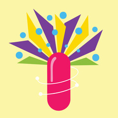 Vibrant Abstract Capsule Design with Bursting Elements and Swirling Orbits.
