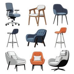 Collection of various modern chairs and stools for interior design.