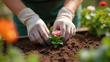 Person in gloves plants a small pink flower into dark soil in a bright garden. Hands work carefully nurturing plant life. Green leaves grow. Outdoors nature care.