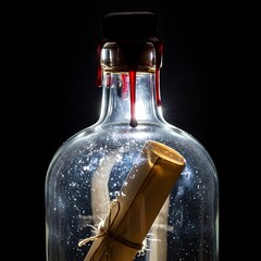Glass Bottle with Rolled Message Inside on Dark Background