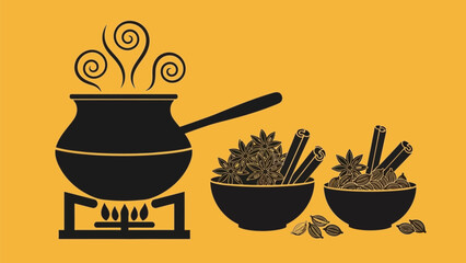 Calming herbal tea brewing in a pot with various herbs and spices beside it on a yellow background