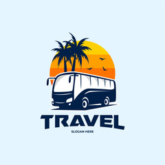 travel bus logo with sunset and palm tree design