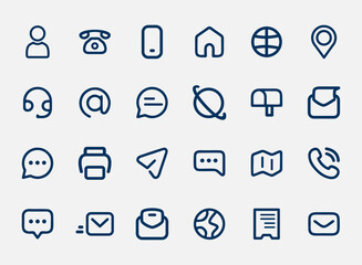 contact and communication icon set with outline style design