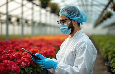 Man in protective clothing checks plants on tablet computer in greenhouse. Scientist works with flowers wearing mask gloves hairnet. Floral research cultivation technology agriculture.