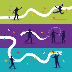 Silhouettes of children engaged in various playful activities illustrating childhood fun.