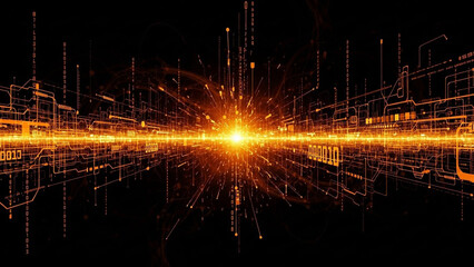 Abstract digital network background with glowing orange data flow