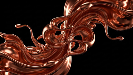 Abstract liquid copper swirls on dark metallic background