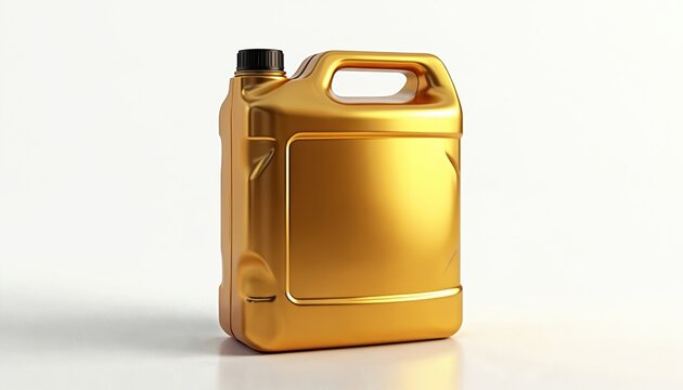 Shiny gold plastic jug for liquids. Container has a black cap and handle for pouring. It sits on a white surface, ready for use. Label area is blank.
