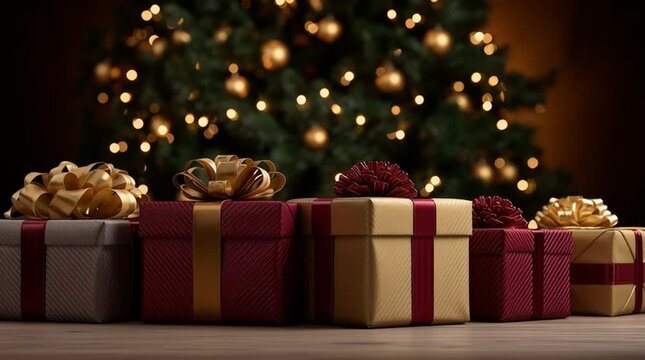 Stacked gift boxes placed in front of decorated Christmas tree