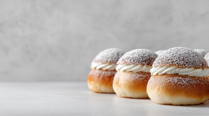 minimalist scandinavian design, scandinavian semla buns arranged along the bottom edge of a clean header, with a vast white space above natural daylight shines in
