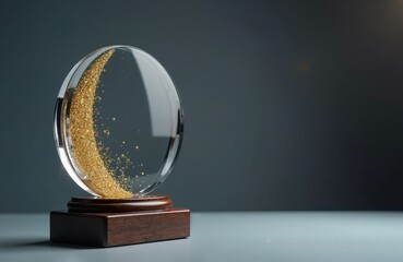 Round glass award with gold glitter inside sits on a wooden base. Symbol of success and achievement. Great for recognition and achievement themes. This award signifies victory.