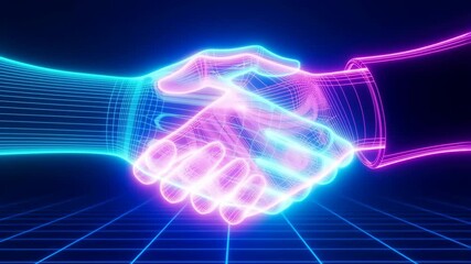 Two glowing wireframe hands connect in a digital handshake, symbolizing virtual reality interaction and partnership. - Powered by Adobe