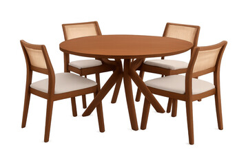 Fototapeta premium Round wooden dining table with four chairs, modern minimalist furniture for home interior design, transparent background