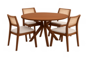 Round wooden dining table with four chairs, modern minimalist furniture for home interior design, transparent background