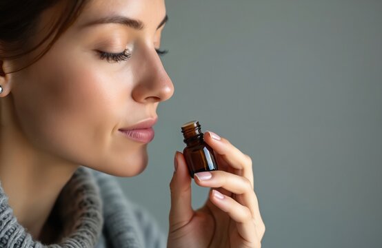 Young woman inhales aroma from small dark glass bottle. She holds bottle near nose, eyes closed in relaxation. Product for wellness, beauty, or aromatherapy.