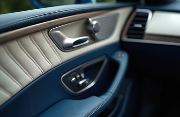 Fototapeta premium Modern car door interior shows stitched leather, wood trim. Chrome handle, control panel with buttons for windows, locks are visible. Premium vehicle design emphasizes comfort, luxury inside.