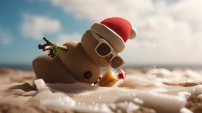 Sandman wearing Santa hat and sunglasses on the beach