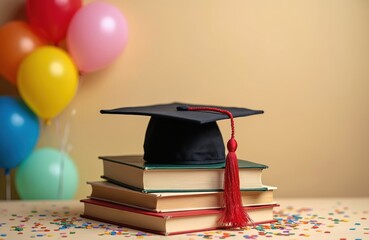 Graduation cap rests on stacked books. Colorful balloons and confetti celebrate academic success and the end of school year party. Education achievement concept.
