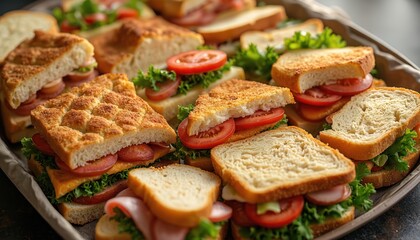 Assorted sandwiches on serving tray for events and parties. Various fresh ingredients include lettuce tomato and cheese. Sandwiches prepared for sharing at gatherings.