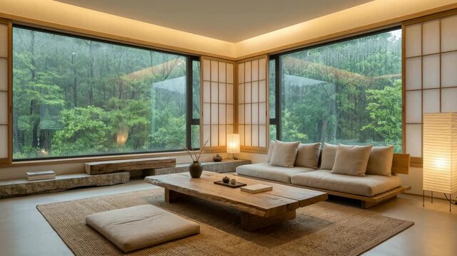 Minimalist and serene living room featuring a wabi sabi interior with wooden furniture, shoji screens, and large windows revealing a tranquil, rainy forest, evoking a sense of calm and peace