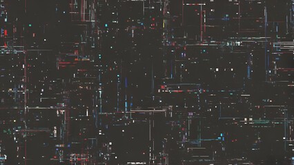 Abstract dark digital network displaying multicolored lines and geometric shapes composition