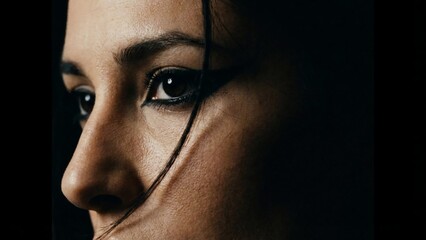 Close-up of a womans face with dark hair, looking intently to the side, against a black background.