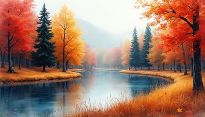 Autumn forest scenery with vibrant red and yellow foliage beside calm water. Tall evergreen trees stand amongst deciduous trees with fall colors reflecting in the lake surface.