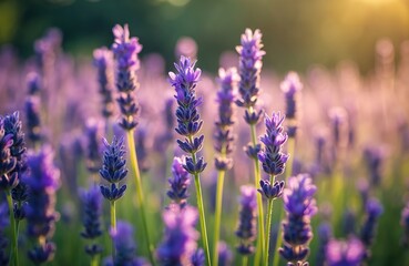 Obraz premium Purple lavender flowers bloom abundantly in a sunlit meadow. Delicate plant stalks reach skyward, creating a fragrant field perfect for aromatherapy and relaxation.