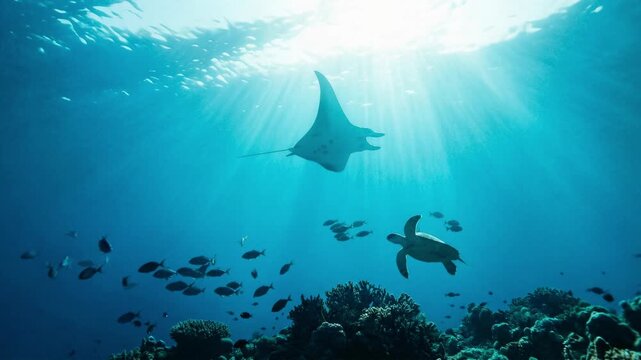 Majestic manta ray and a green sea turtle swimming gracefully together in the clear blue ocean over a vibrant coral reef, with beautiful sun rays beaming through the water's surface
