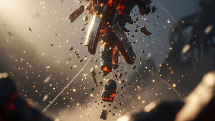 Fiery disintegration of metallic structure with glowing particle effects and ambient light