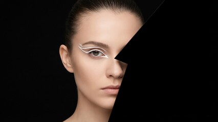 Mysterious Woman with White Eyeliner and Partial Face Obscured by Black.