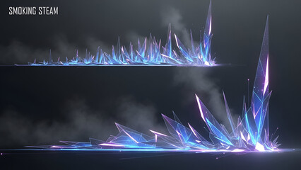 Futuristic crystal formations with ethereal mist rising, creating an alien landscape effect