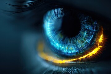Close up of a blue eye with futuristic digital interface overlay